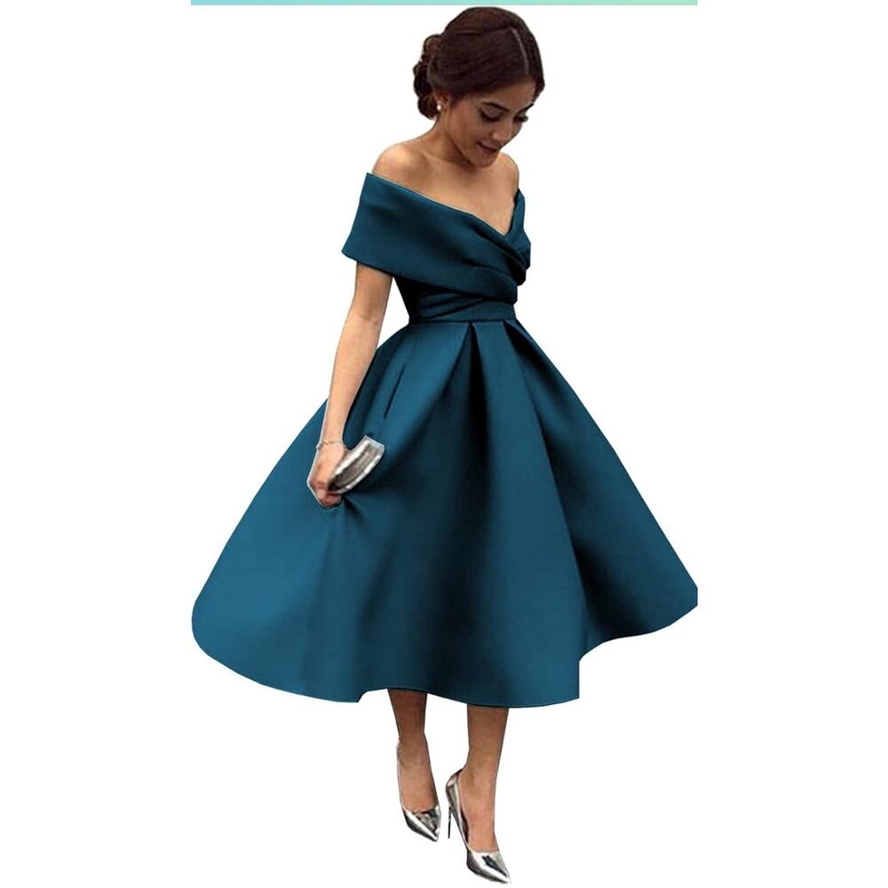 Off-Shoulder Teal Satin Tea-Length Wedding Guest Dress